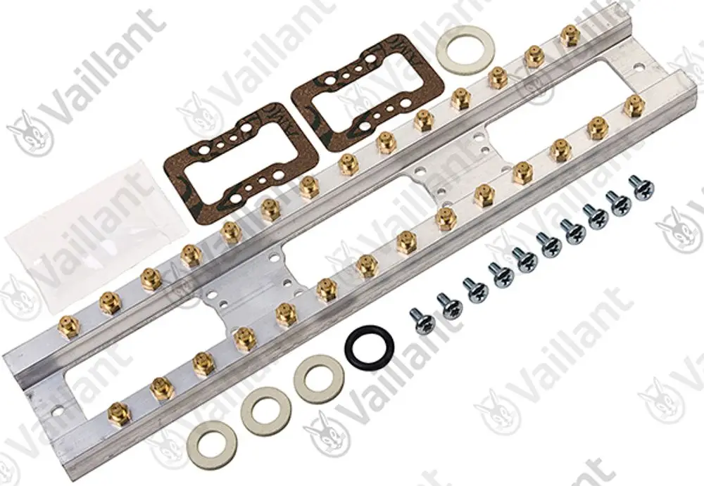 Vaillant Düsenstock mit mehreren Dichtungen, Aluminiumträger und Schrauben. Das Set enthält auch Unterlegscheiben und eine O-Ring-Dichtung.